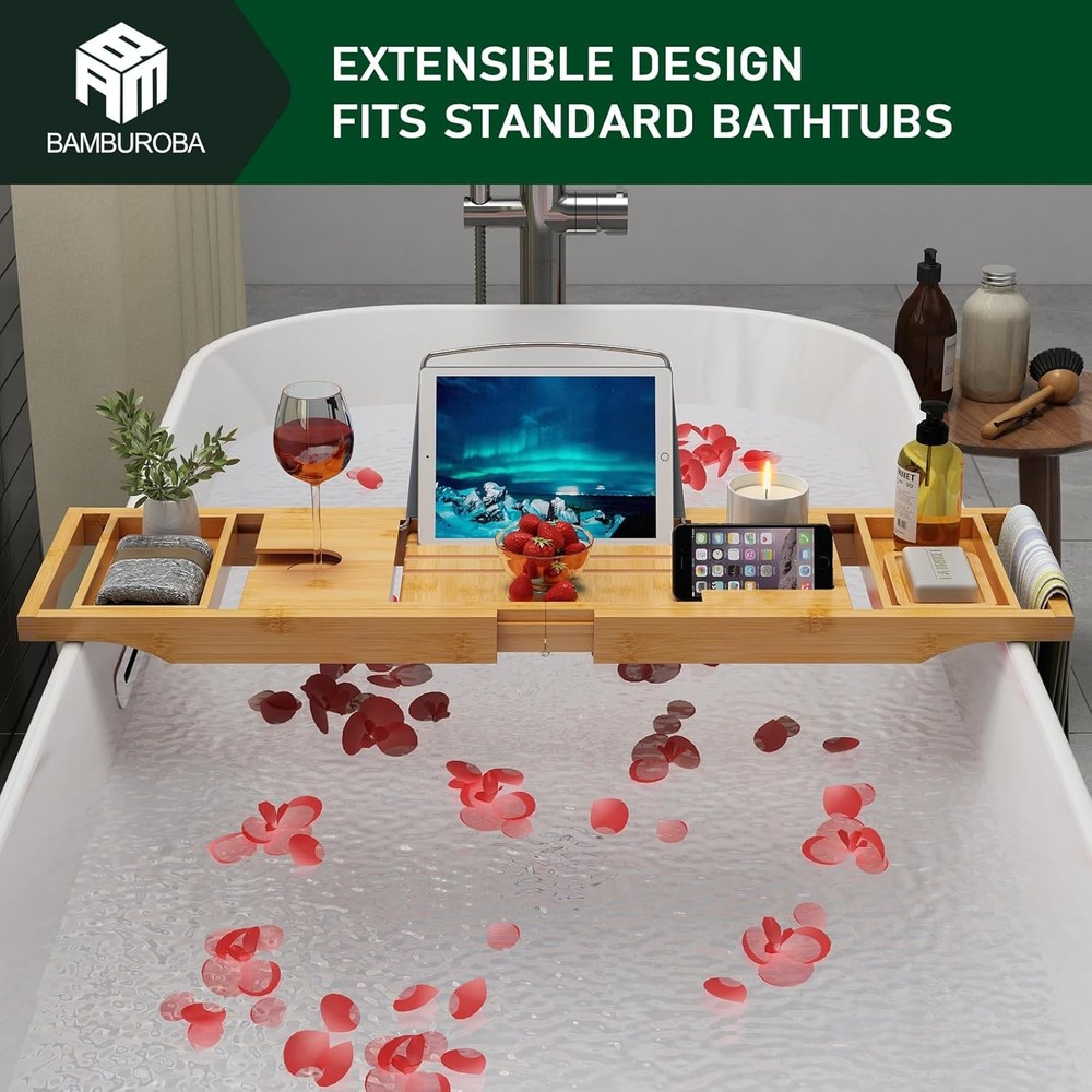 Bamboo Bathtub Caddy Tray Expandable for Luxury Bath, Bath Natural