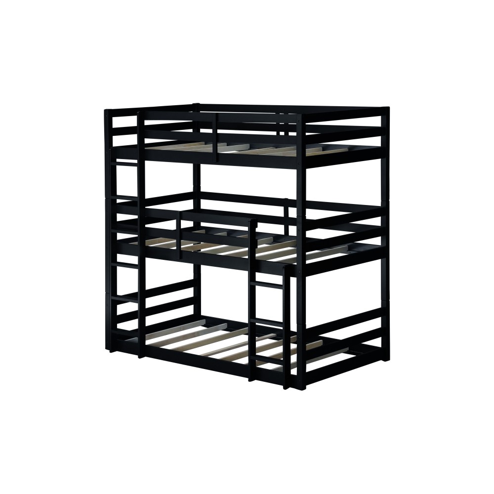 Triple Twin Bunk Bed w/ 2 Ladders & Guardrails, Black Solid Wood