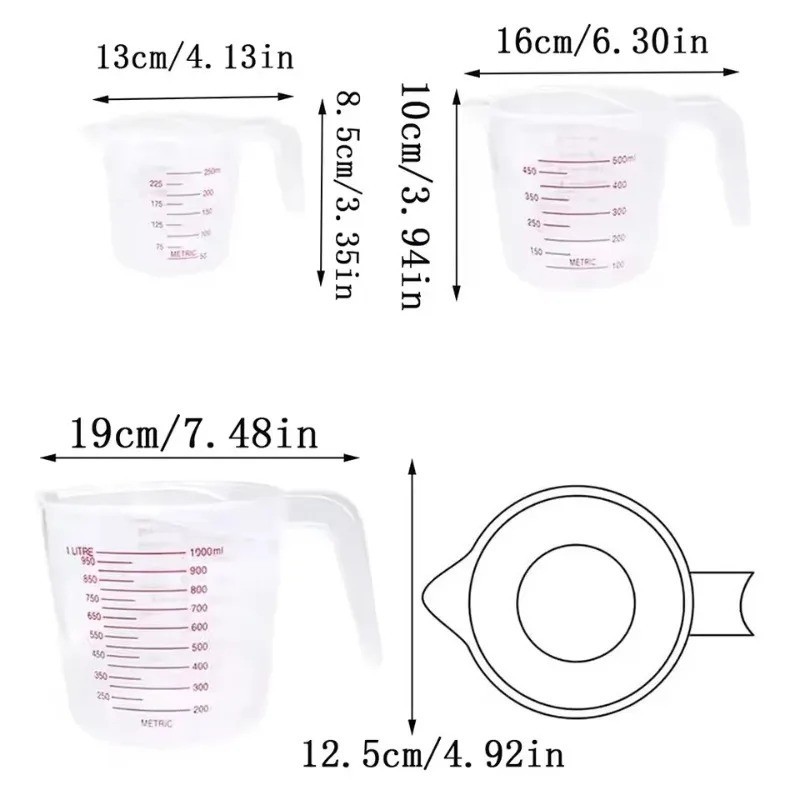 3pcs Plastic Measuring Cups Set 250/500/1000ml Liquid Beaker Kitchen Baking