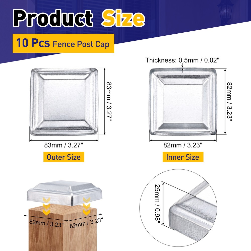 10Pcs Fence Post Cap, Galvanized Deck Post Caps Fit 3.2" x 3.2" Pipe, Silver