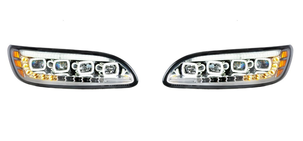 Pair Chrome Quad-LED Headlights With LED DRL & Sequential Signal For Peterbilt