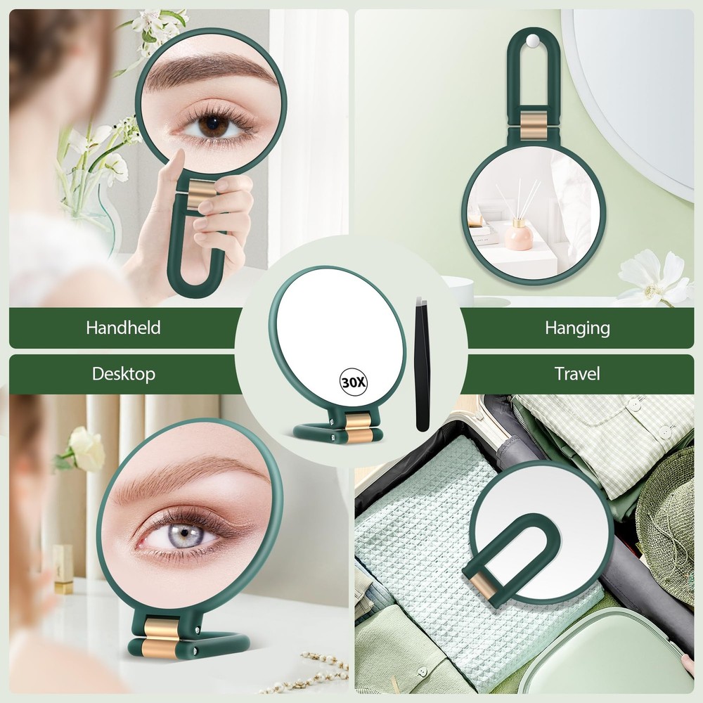 30X Magnifying Mirror Hand Handle Double Sided 30X/1X Foldable Green