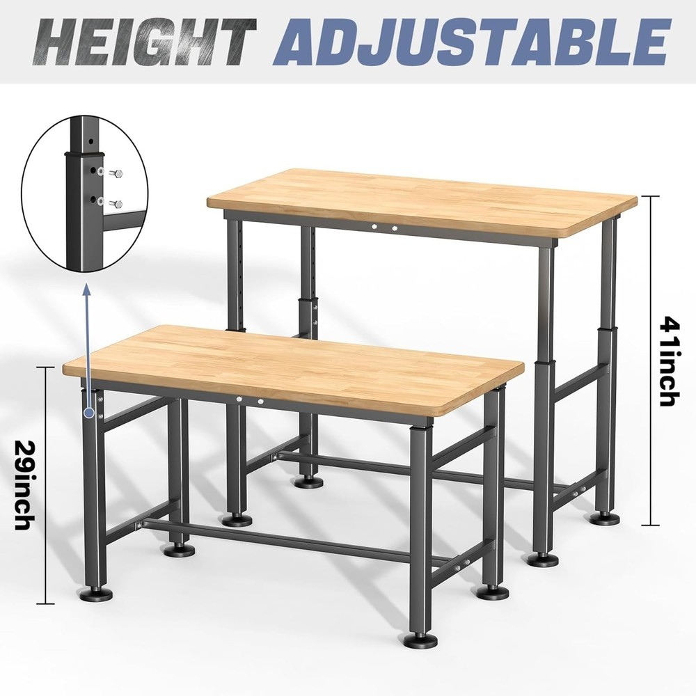 2000 lbs Capacity Rubber Wood Worktable, Adjustable Height for Versatile Use