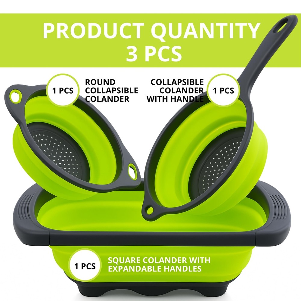 3PCS Green Foldable Kitchen Strainer Set – Silicone Colander Collapsible Stra...