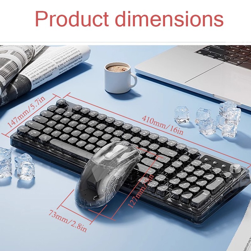 Transparent black Bluetooth wireless mouse and keyboard set: Fast connection.