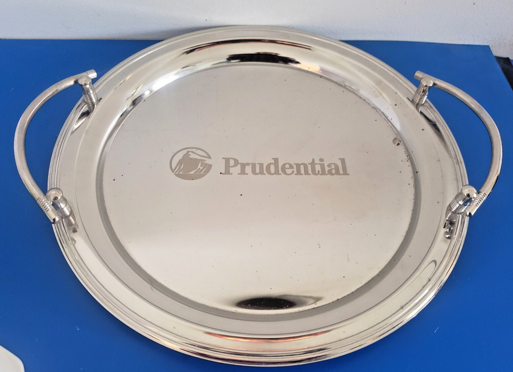 Large Elegance Serving Platter Prudential Rock Logo Silver Steel Barware?