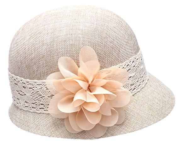 1920's Inspired Women's Gatsby Linen Cloche Hat With Lace Band and Flower