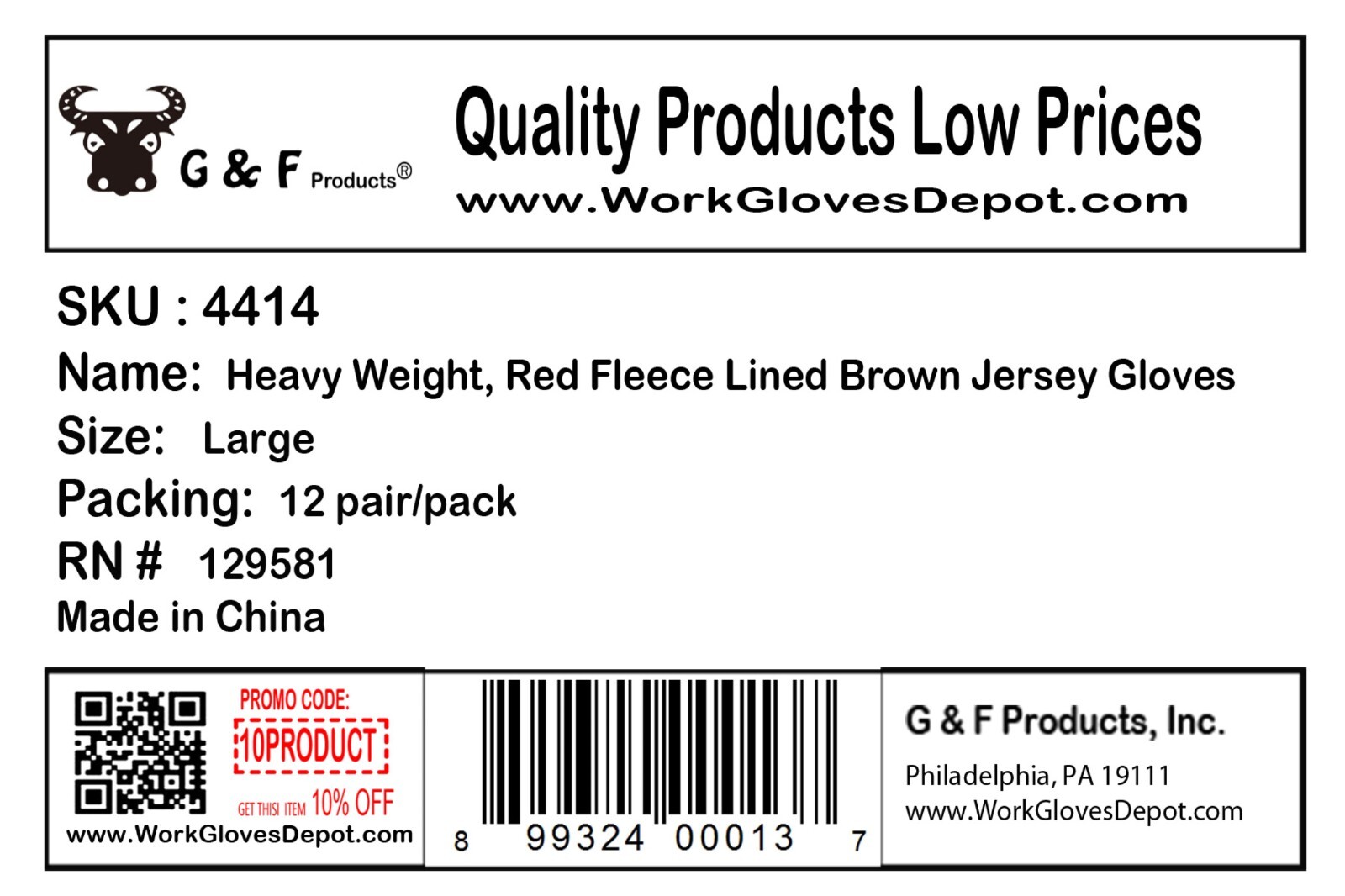 G & F 4414 Brown Jersey Winter Work Gloves With Red Fleece Lining