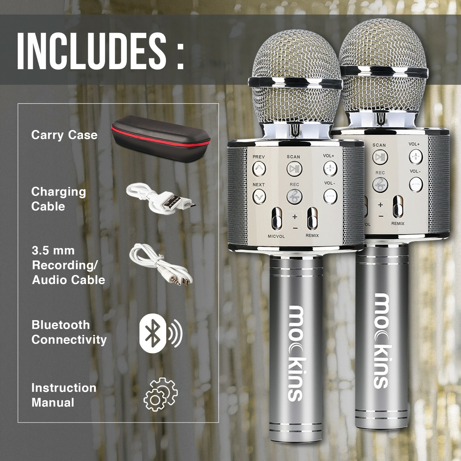 Mockins 2 Pack Silver Wireless Bluetooth KARAOKE MICROPHONE Holiday Gift, kids