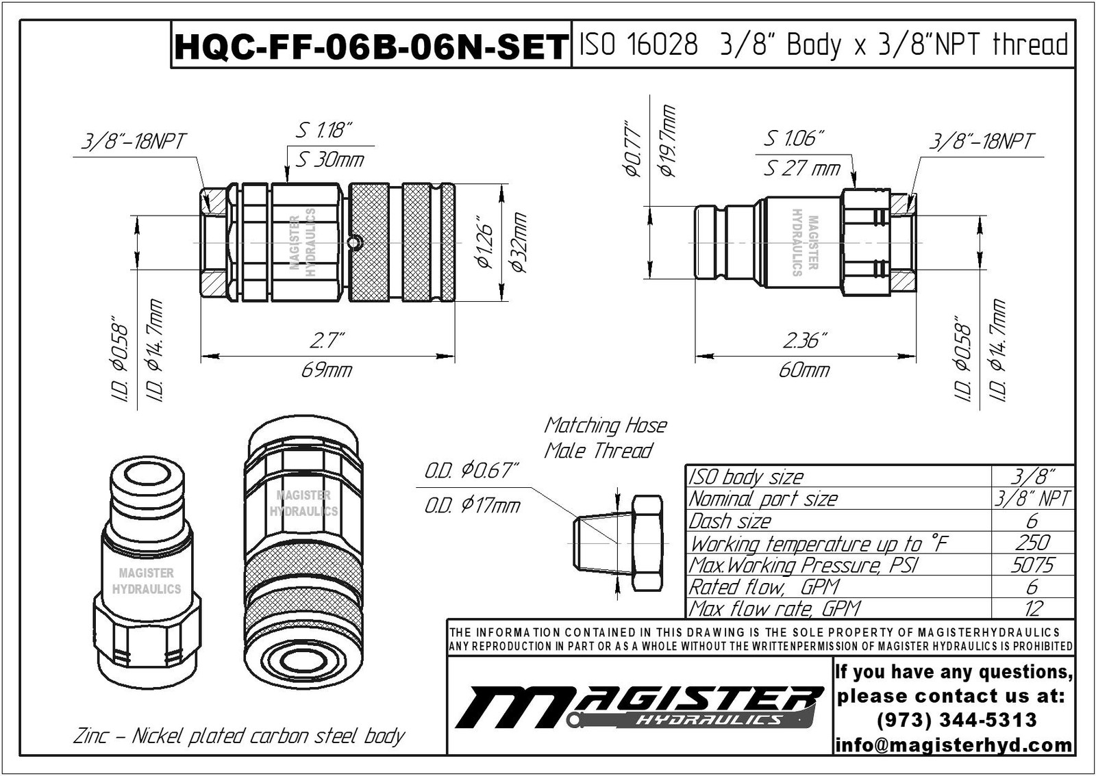 3/8″ Flat Face Hydraulic Quick Couplers Set - 3/8″ NPT Thread