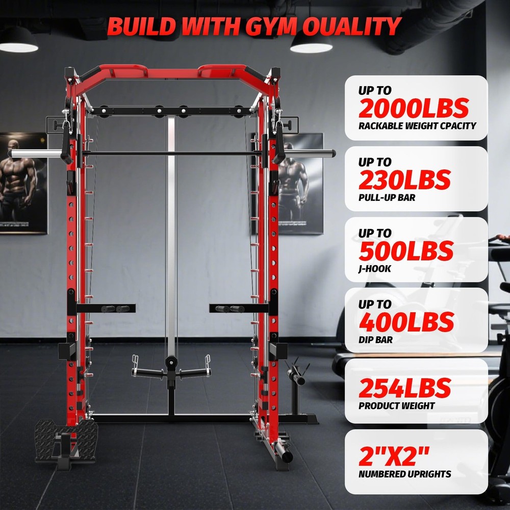 Smith Machine Power Cage Rack with Pulley System Multifunctional Workout Machine