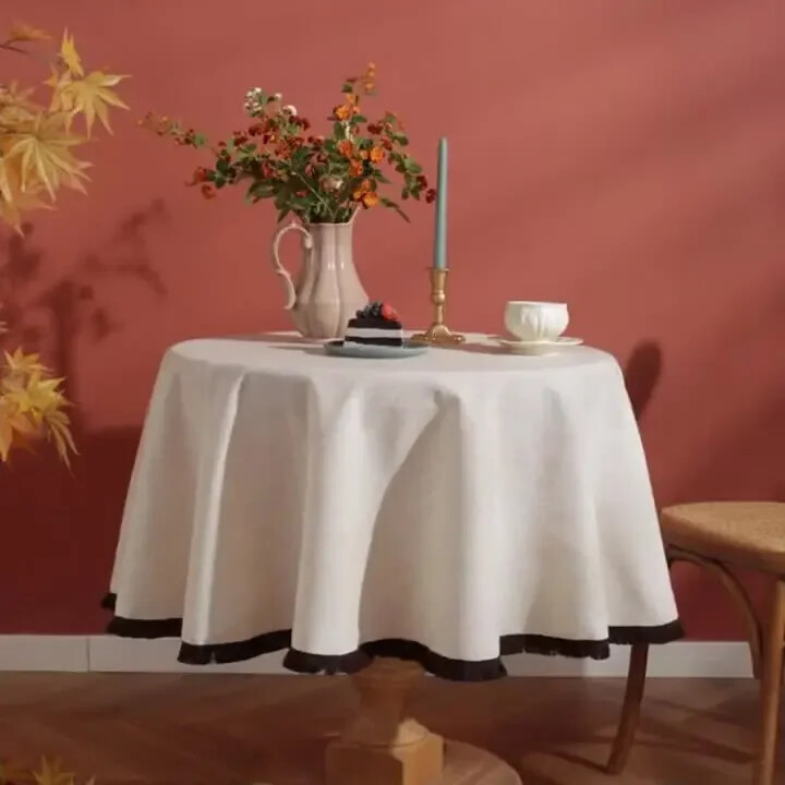 Cotton Linen Solid Tassel Round Tablecloth for Table Thickening Table Cover