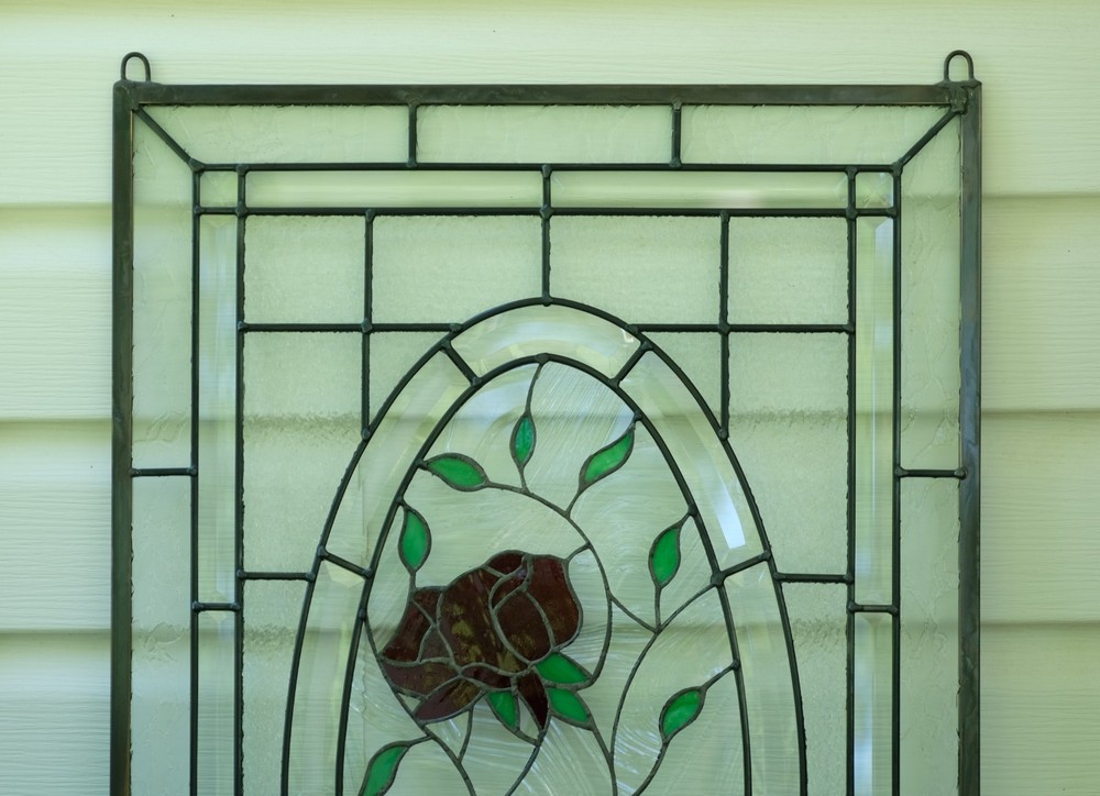 20" x 34" Stained Glass Window Panel rose blooming