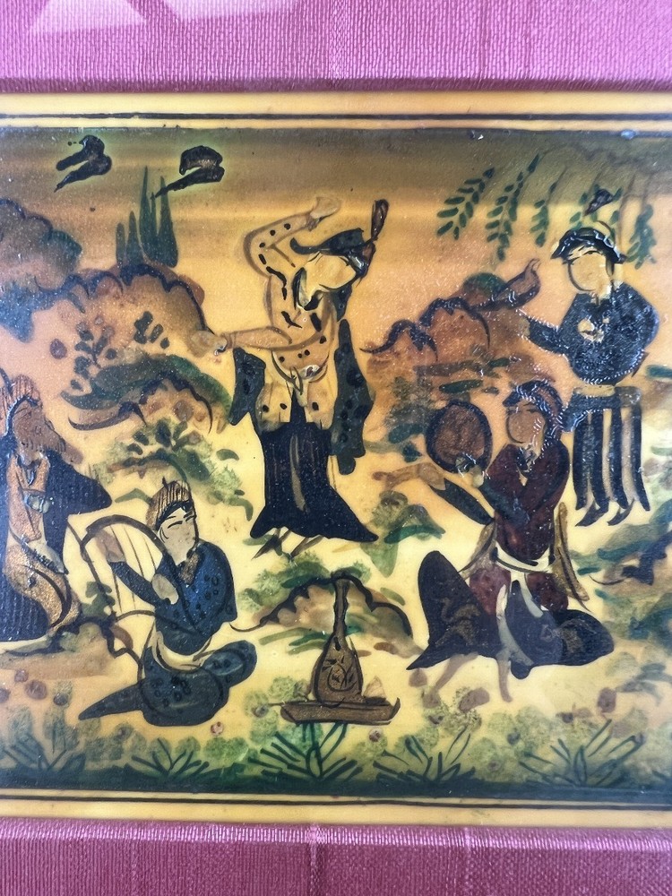 Vtg Middle Eastern Framed Small Hand-Painted Gathering Scene on Camel Bone