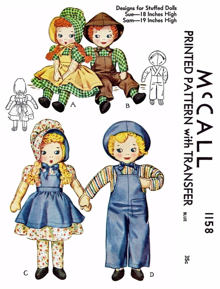 McCall 1158 Stuffed DOLL Pattern Sunbonnet Sue 18" & Sam 19"