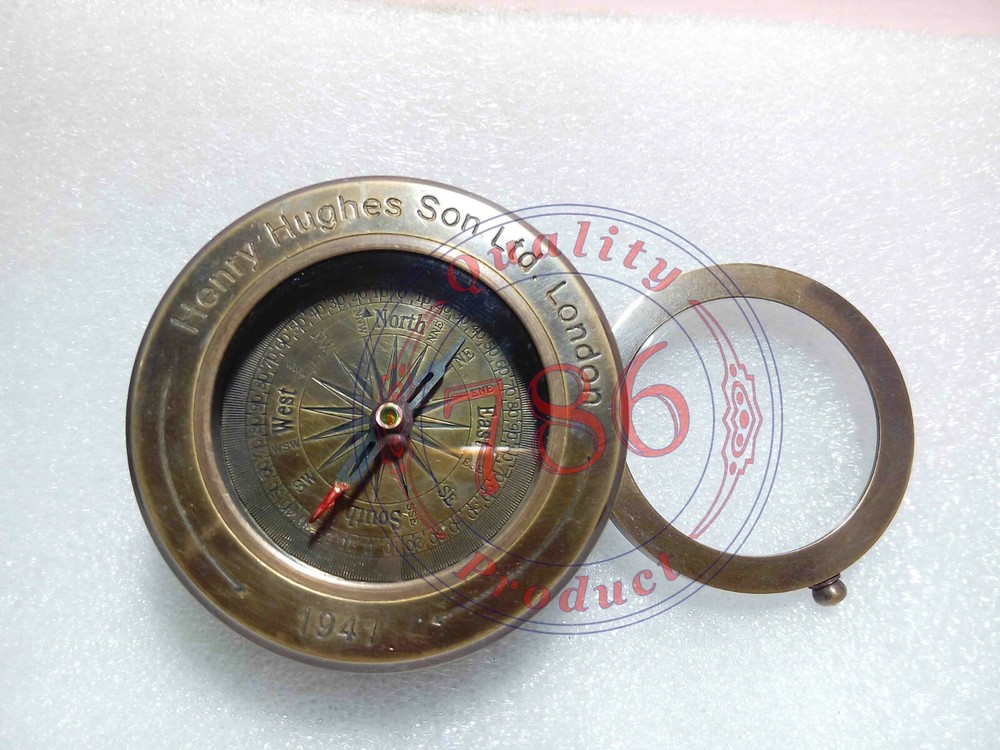 ANTIQUE HEAVY FOLDING MAGNIFYING GLASS MAP COMPASS WITH LEATHER CASE