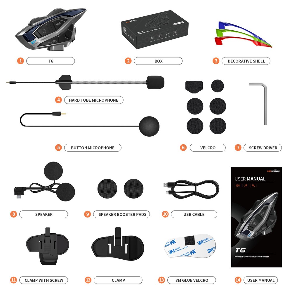 T6 Bluetooth Motorcycle Helmet Intercom 1000m 2-Way Live Headset Intercom