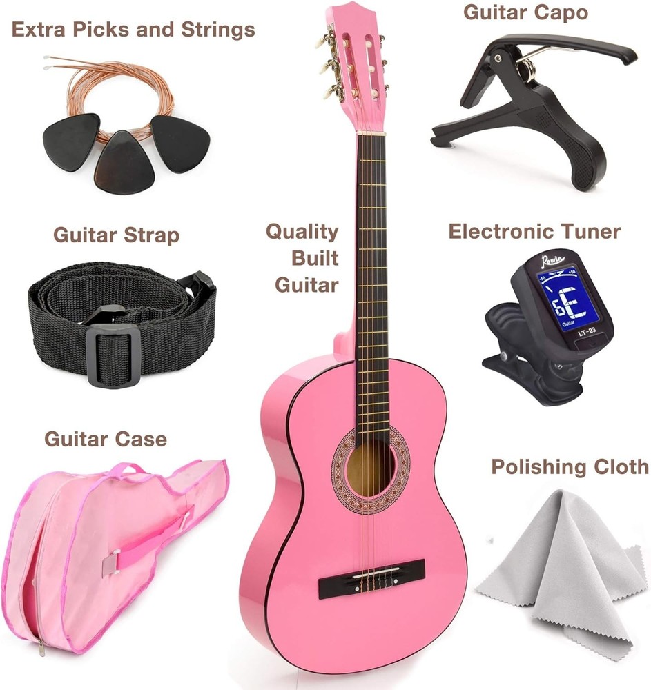 Beginner-Friendly 30" Classical Guitar in Pink with Case & Essential Accessories