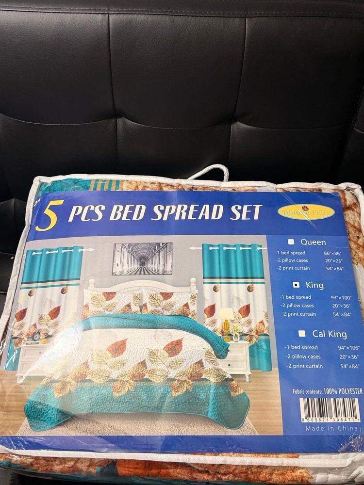 Djoule Felix Queen Bedspread Set Leaf Pattern 100% Polyester Turquoise
