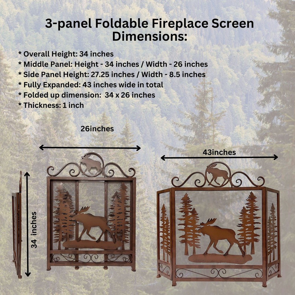 3-Panel Fireplace Screen with Moose in the Forest Design