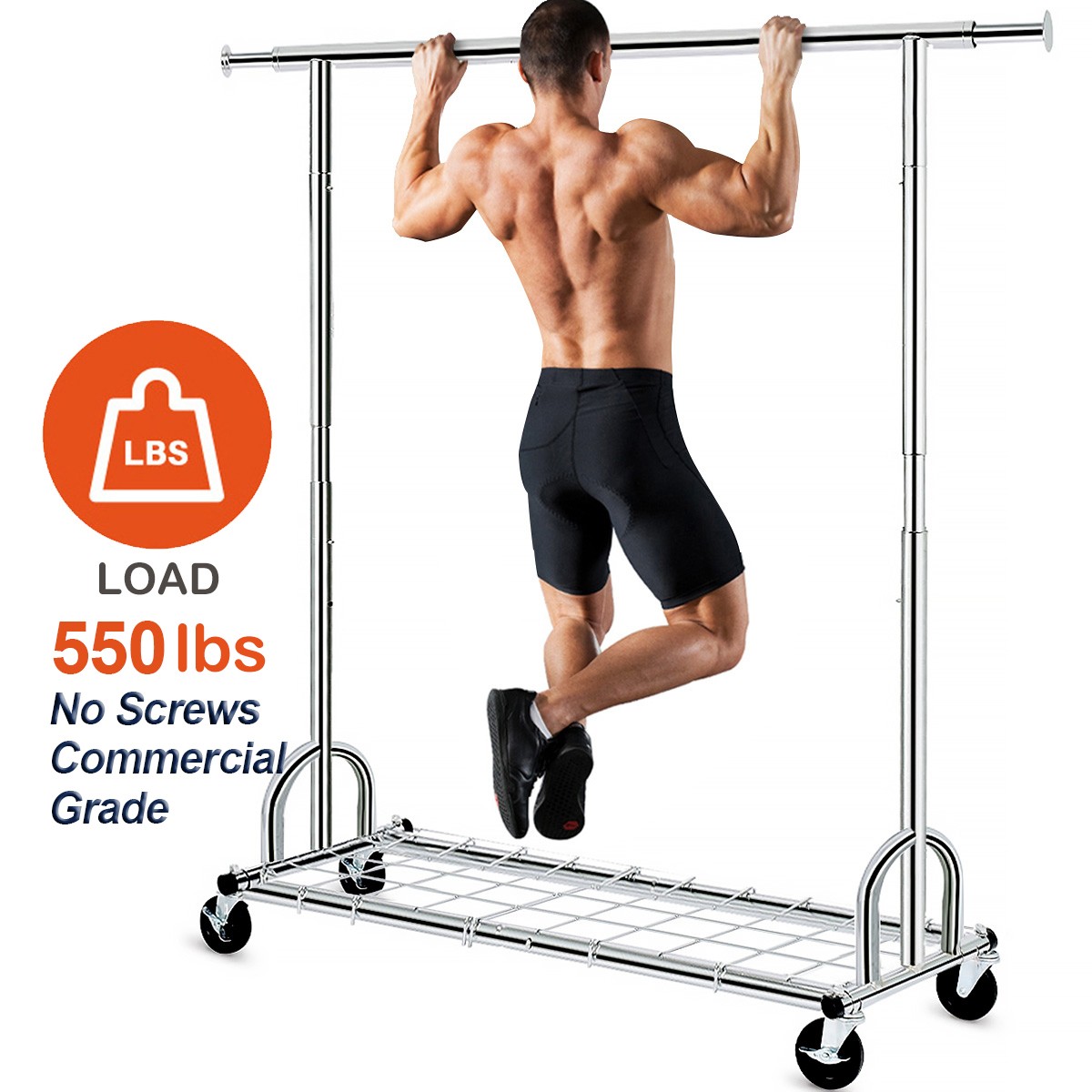 3 in 1 450lbs Collapsible Rolling Heavy Duty Clothing Garment Rack with Shelves