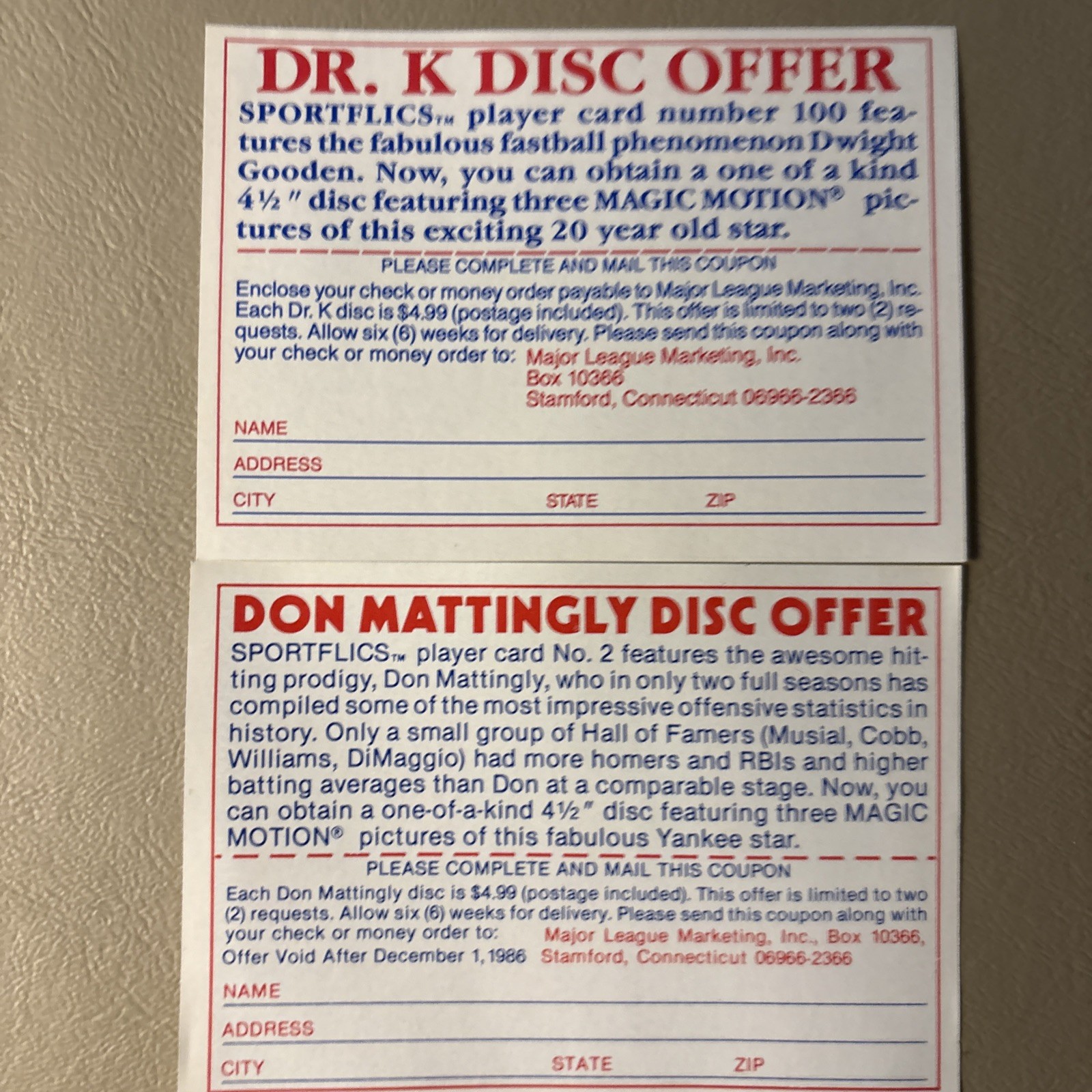 1986 Sportflics Don Mattingly & Dwight Gooden Disc Offer Promo Yankees & Mets