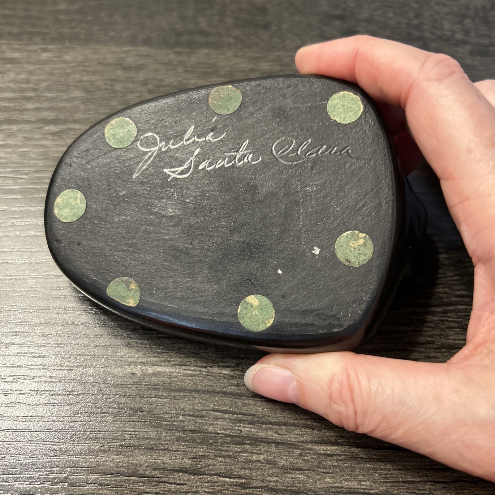 Santa Clara Pueblo Pottery Ashtray Black on Black Arrowhead Artist Signed