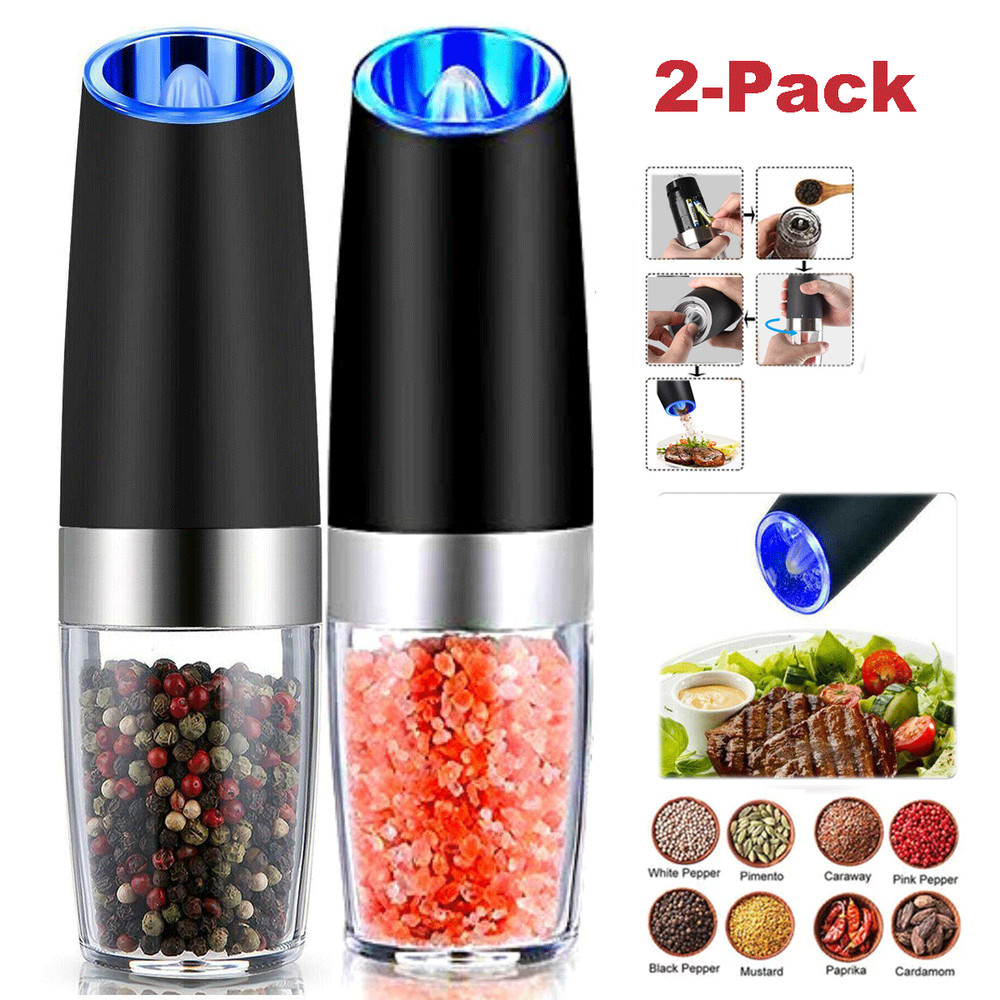 2 Pack Gravity Electric Salt and Pepper Grinder Mill Shaker Adjustable Automatic