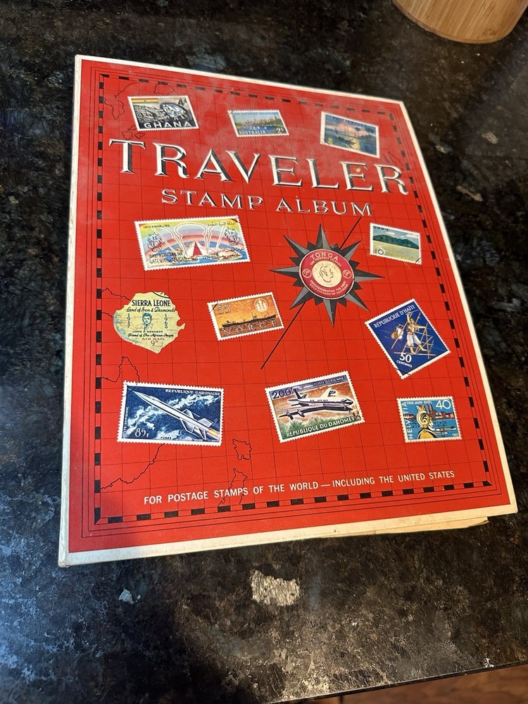 VTG 1977 Traveler Stamp Album With Many Stamps.