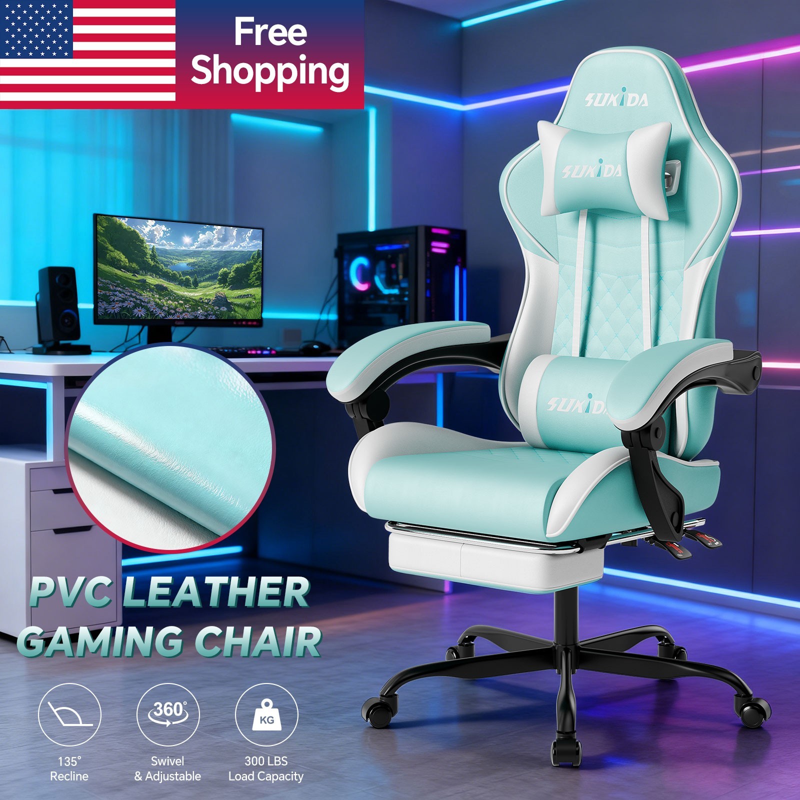 Gaming Chair Massage Lumbar Support Swivel Height Adjustable Headrest Backrest