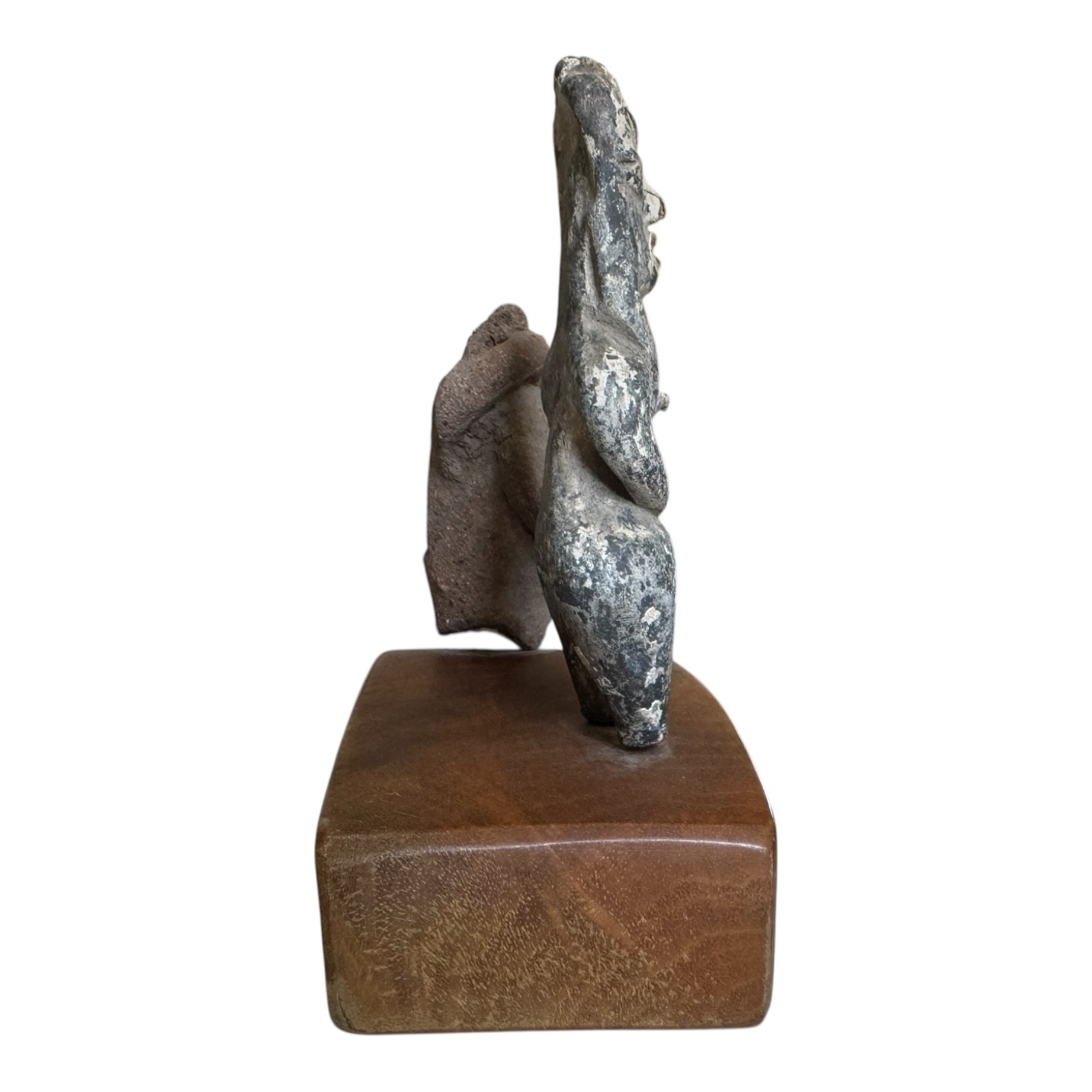 Antique Pre-Columbian Pottery Figural Group Standing Figure & Head on Base