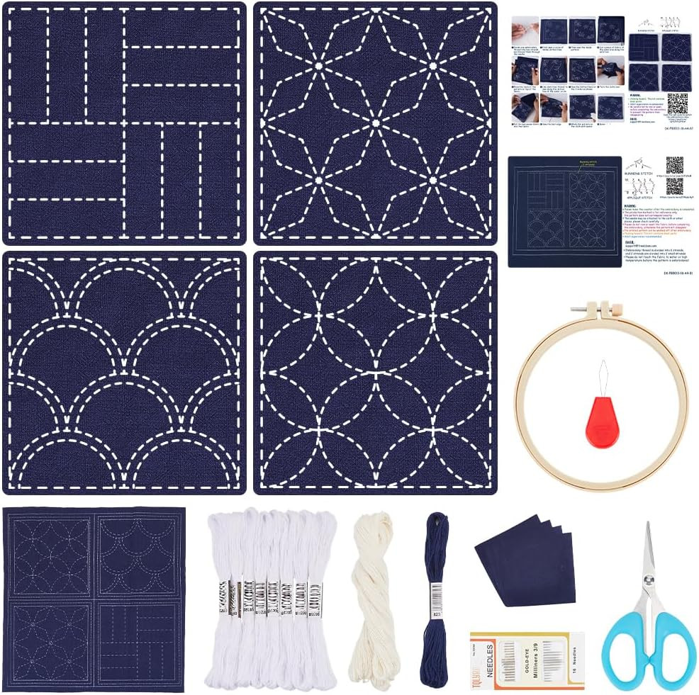 4 Set Sashiko Coasters DIY Kit with Instructions Pre- Printed Sashiko Kit for...