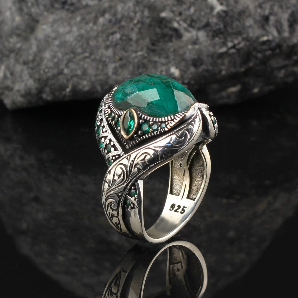 Emerald Stone Men Silver Ring, 925 Sterling Silver Emerald Gemstone Ring,