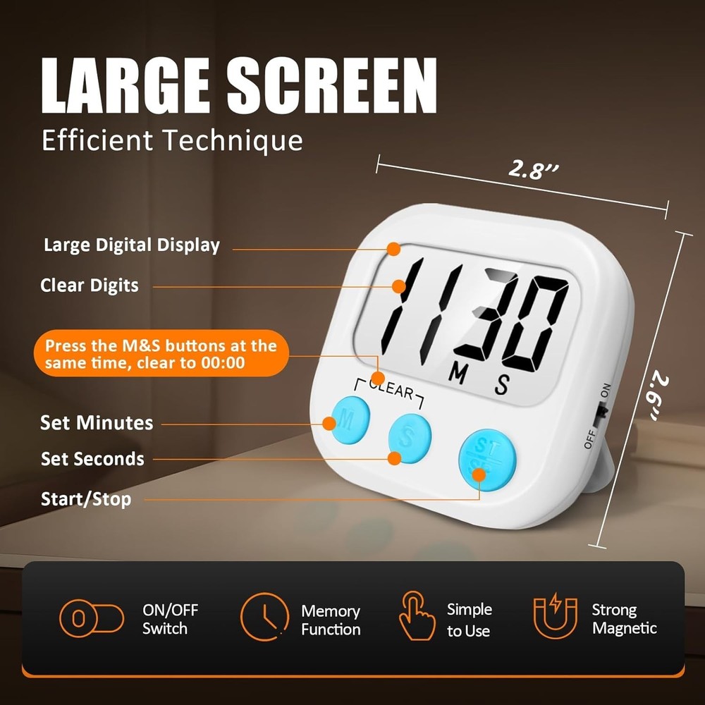 Efficient 2 Pack Cooking Timer with Large Display & Loud Notification - White