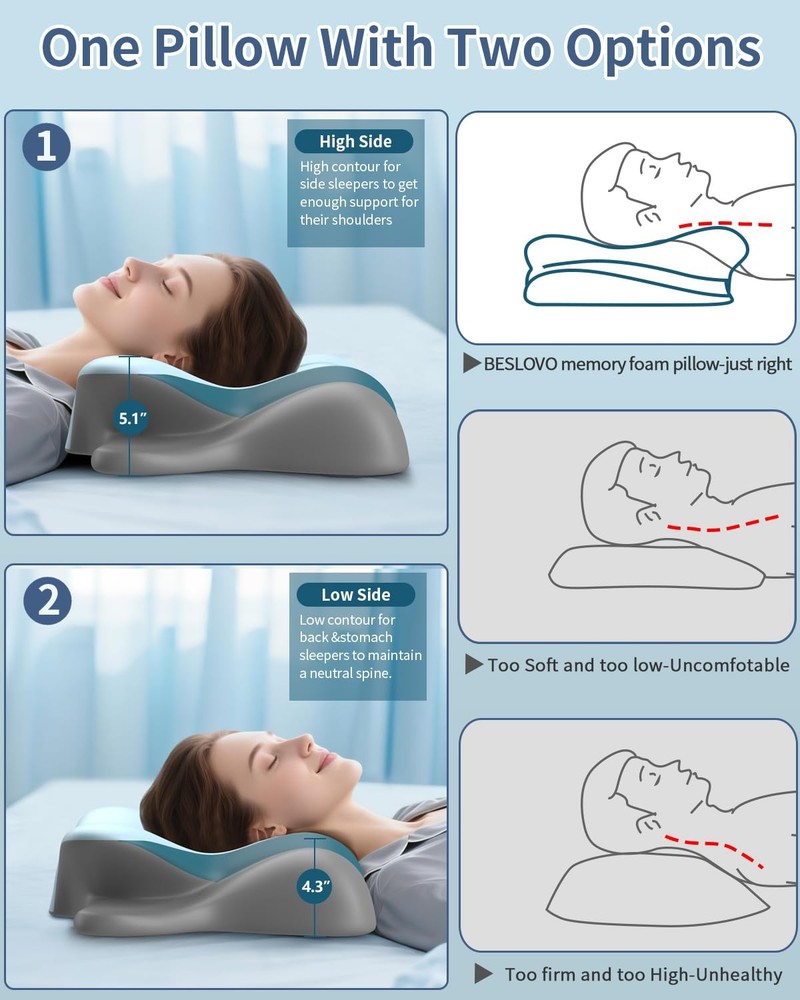 Cervical Neck Pillow for Pain Relief - Ergonomic Side Sleeper Blue