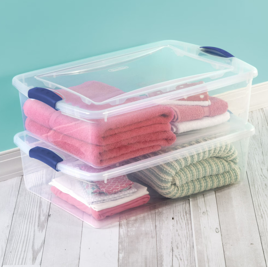 (6 pack) 32 Quart Latch Box, Clear Plastic Storage Bin with Clear Lid, Blue