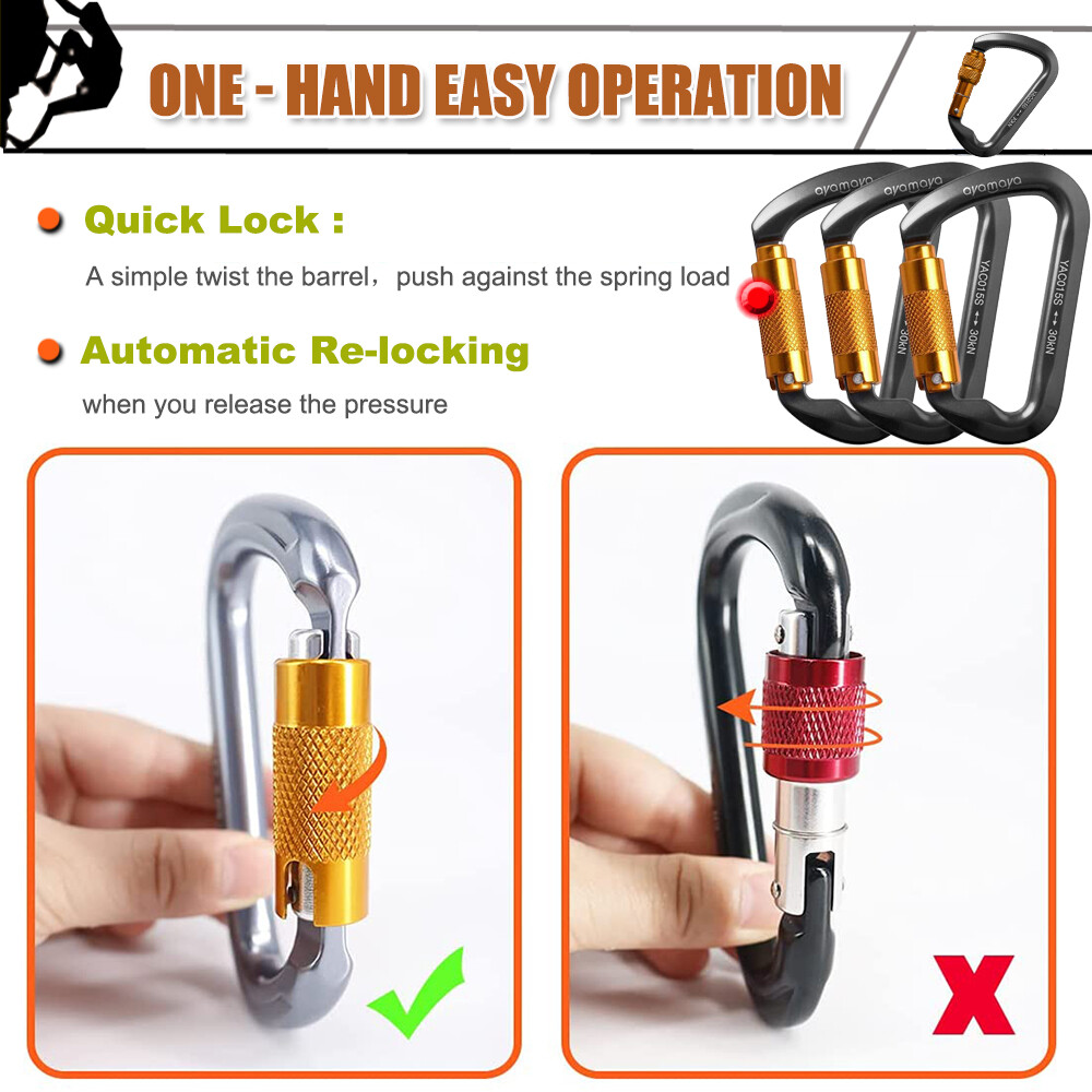 30KN Heavy Duty Auto Locking Climbing Carabiner Aluminum D Ring Clips Twist Lock