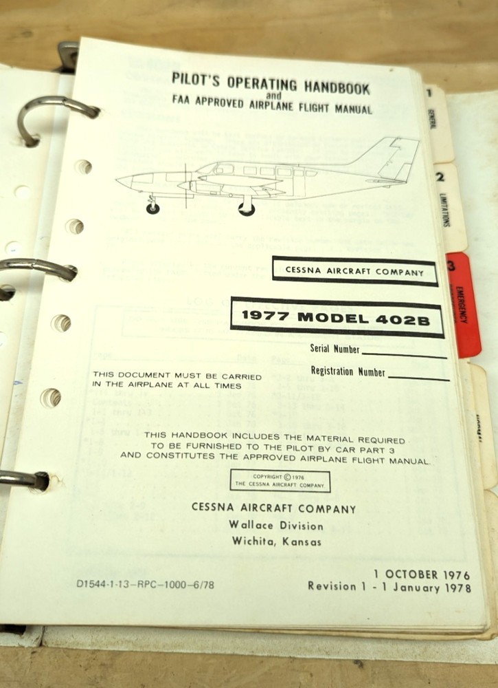1977 Cessna 402B Pilot's Operating Handbook (binder)