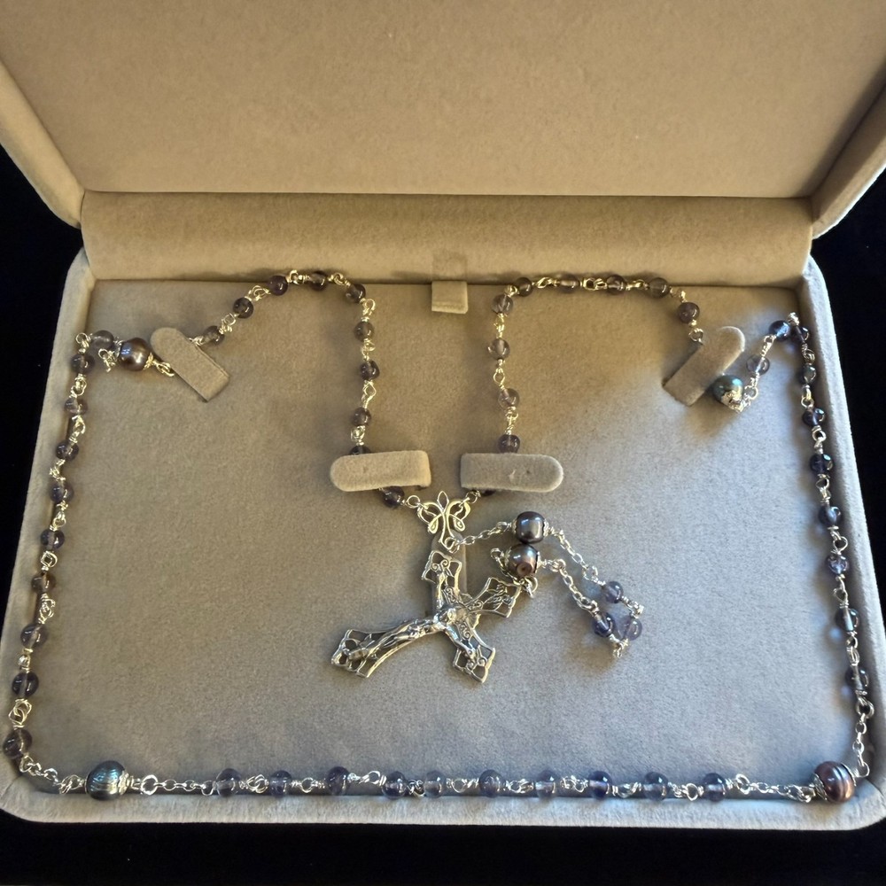 Handmade Sterling Silver, Iolite & Aubergine Pearl Gemstones Catholic Rosary