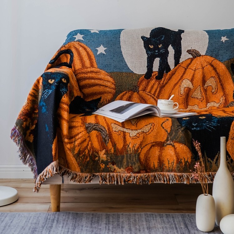 Halloween Pumpkin Black Cat Cotton and Polyester Blanket Throw