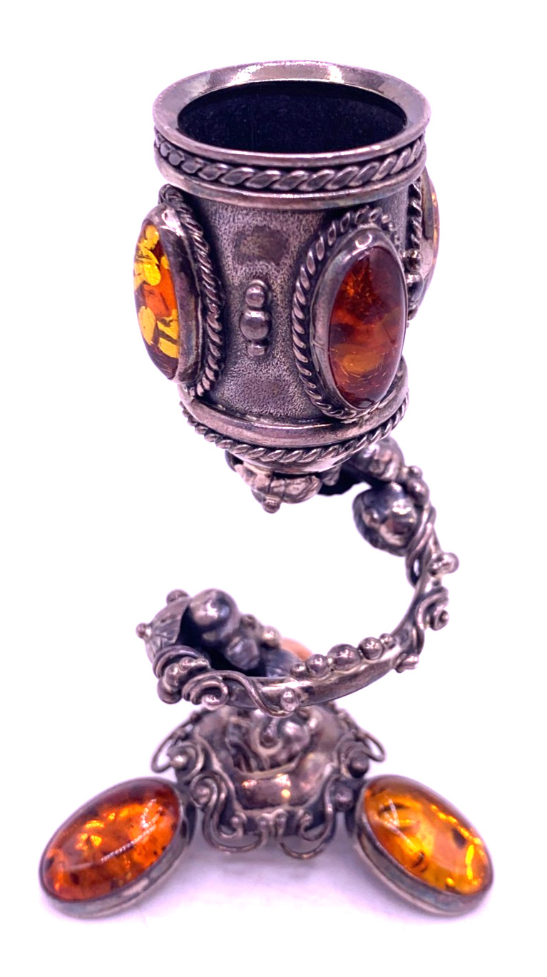 Rare Sterling Silver Candle stick Holder with Baltic Amber Cabochons 88g Poland