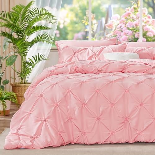 Pink Comforter Set Queen - 3 Pieces Boho Pintuck Bedding Comforter Sets,
