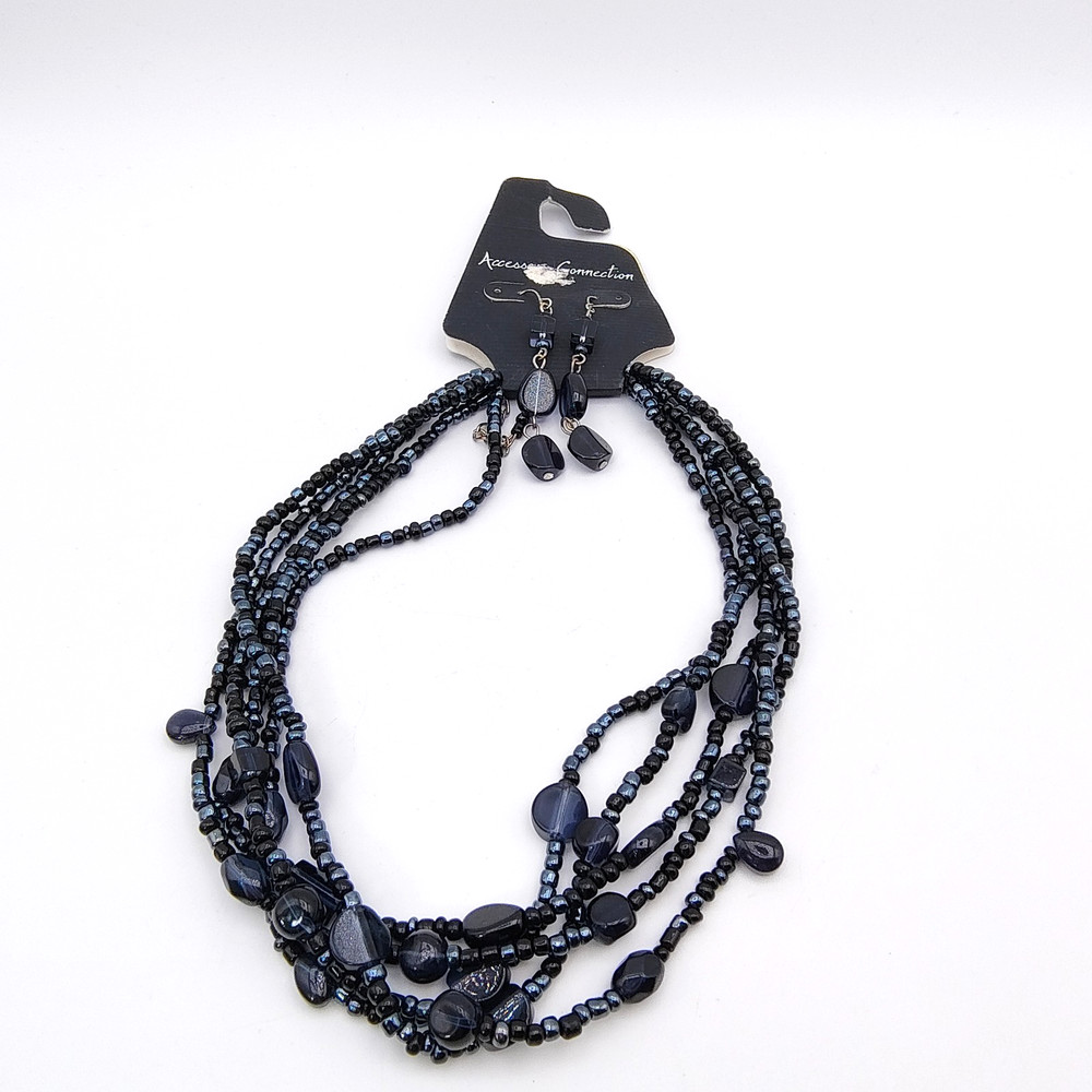 Iridescent Black Bead Necklace & Earring Set Multi Strand Accessory Connection