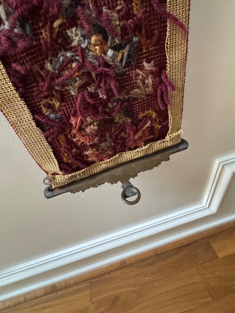 VINTAGE 63” NEEDLEPOINT BELL PULL ORNATE BRASS GRAPE HARDWARE HAND EMBROIDERED