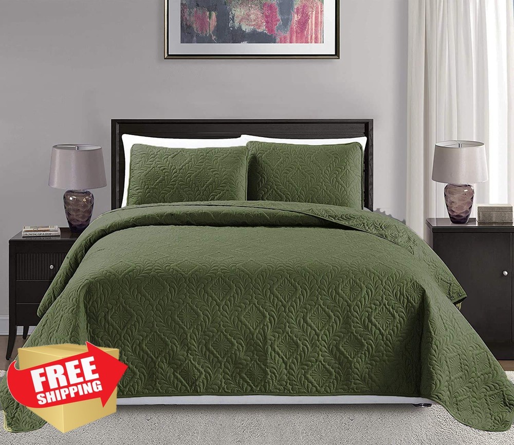Mk Collection Queen Olive Green 3pc Diamond Embossed Bedspread