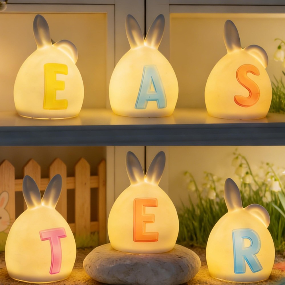 6 Pack Easter Lettered Bunny Decorations, Ceramic Lighted White Rabbit Figurines