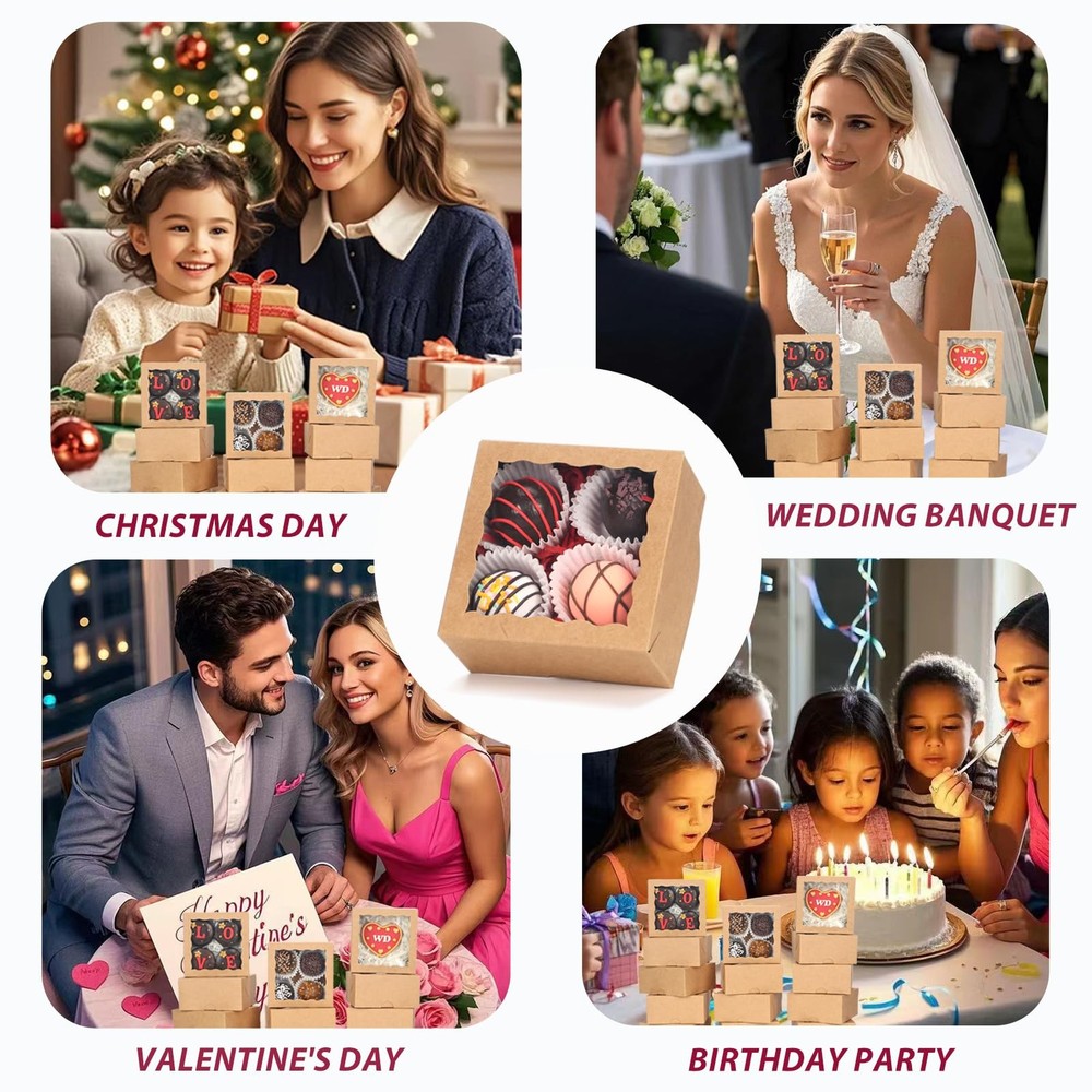 100 Pack Cookie Boxes with Window 4x4x2 Inch,Bakery Boxes, Chocolates Strawbe...