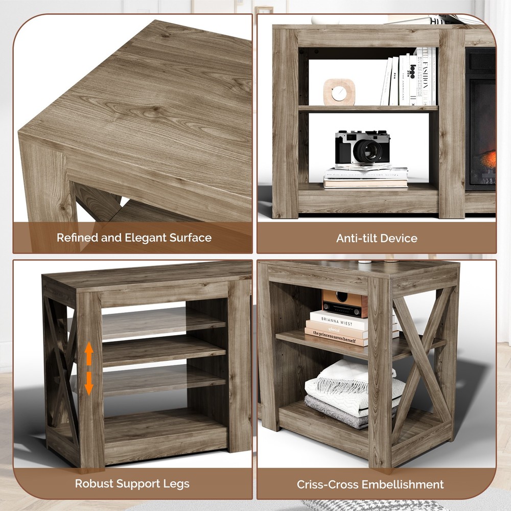 70" Washed Gray Double-Sided Fireplace Cabinet, 23" Fireplace Core