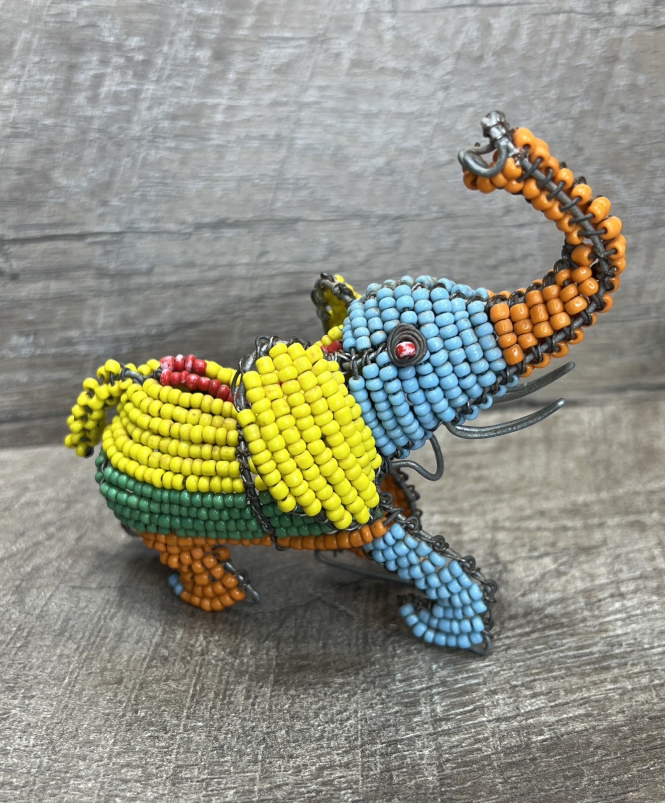 Handcrafted Elephant Beaded Wire Sculpture with Trunk Up for Good Luck Sculpture