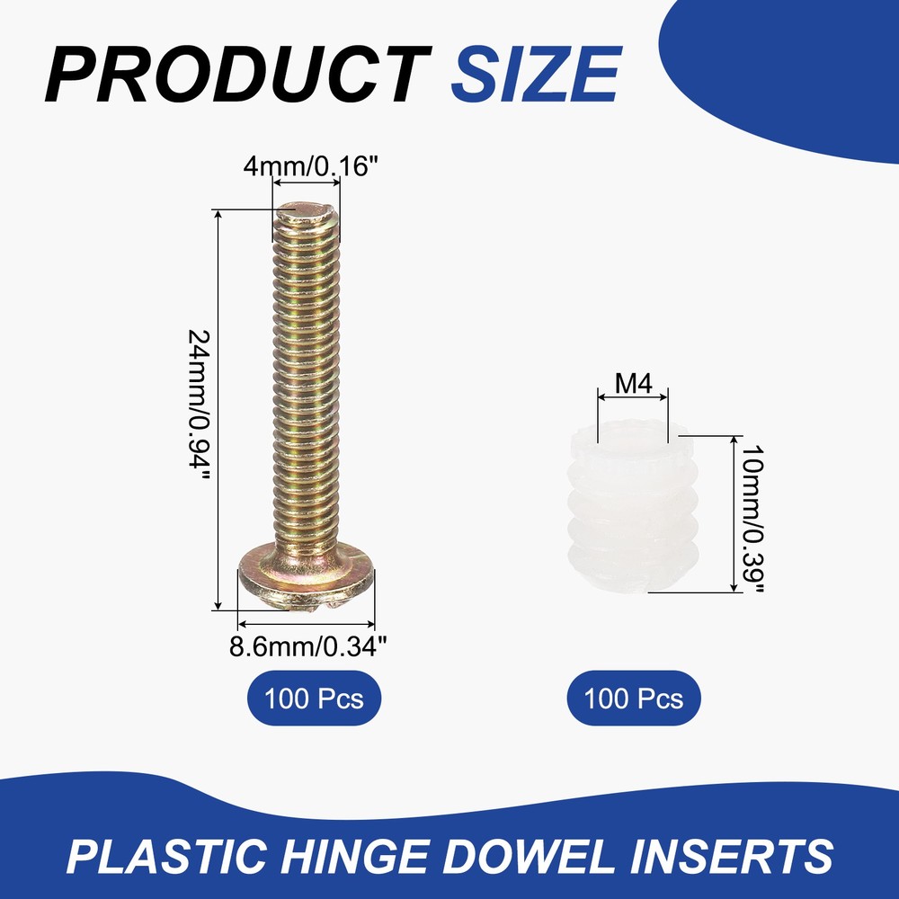 100Pcs M4 x 10mm Plastic Hinge Dowel Inserts with Threaded with Screws White